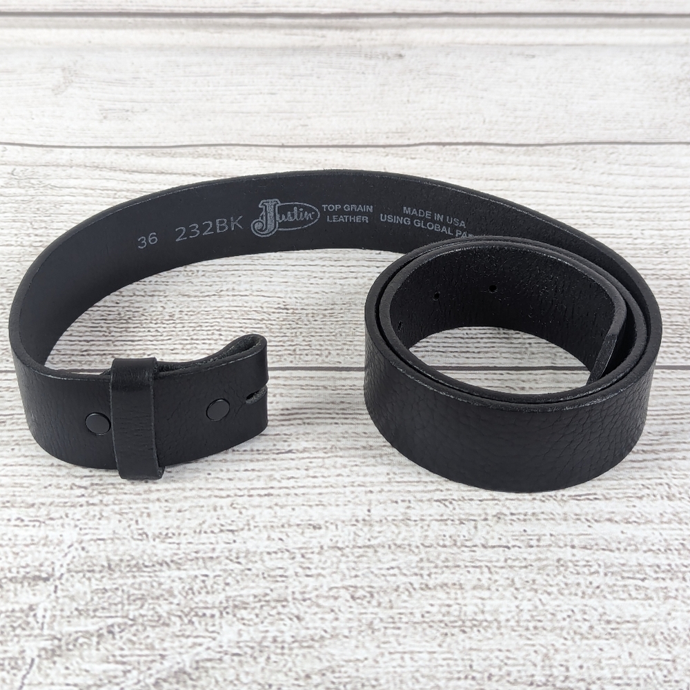 Justin Mens Black Top Grain Leather Belt  232BK 36 Made In USA ~ No Buckle ~